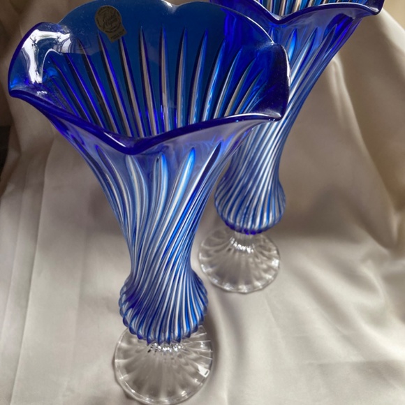 Cristal D'Arques Blue Vases Scalloped Footed Twist Stem 24% Lead Crystal France - Picture 7 of 8